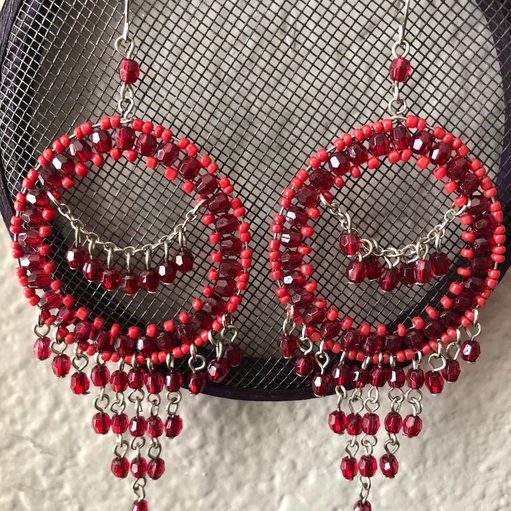 Red Beaded Chandelier Earrings